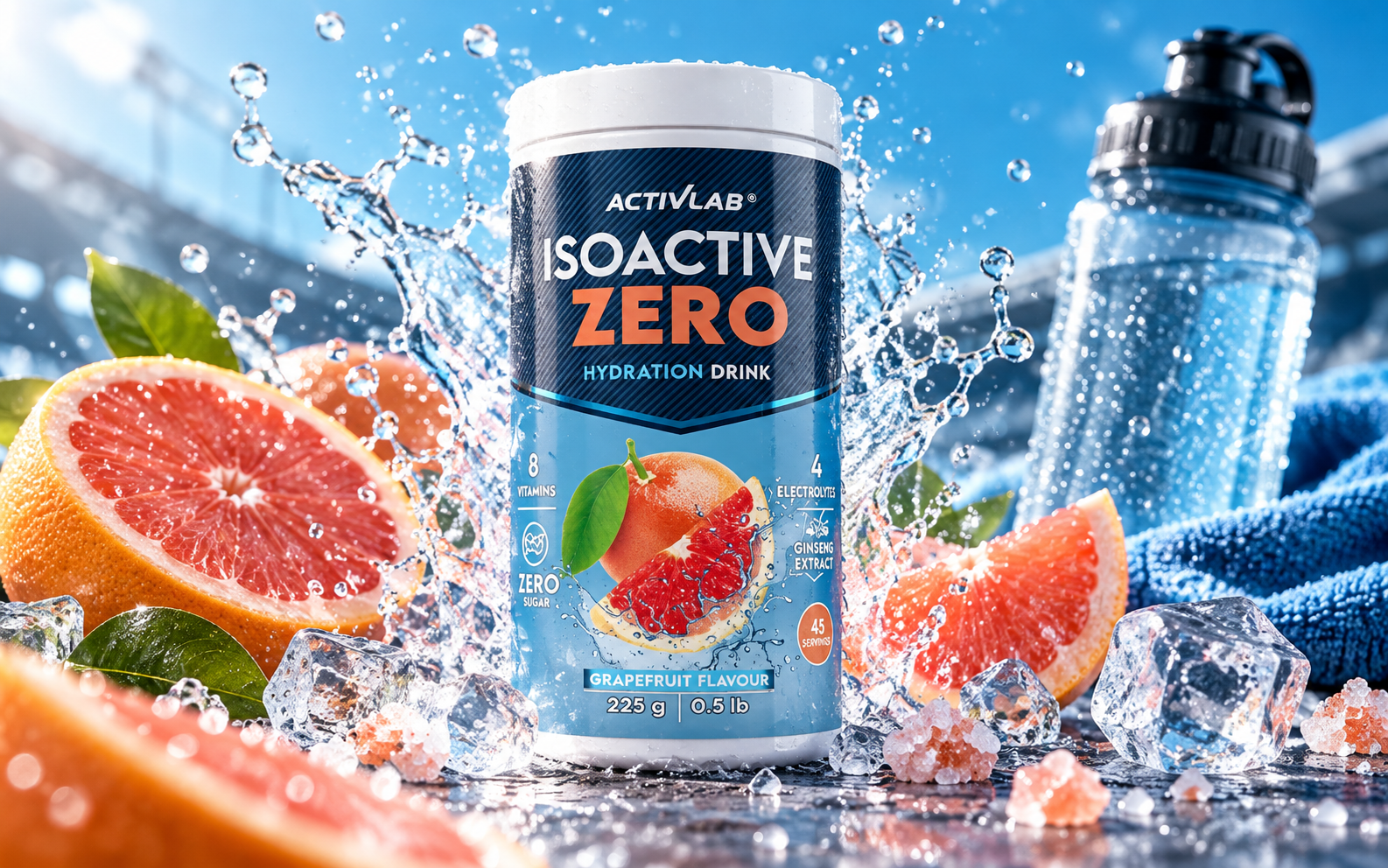 Activlab Isoactive Zero грейпфрут поруч зі спортивною пляшкою